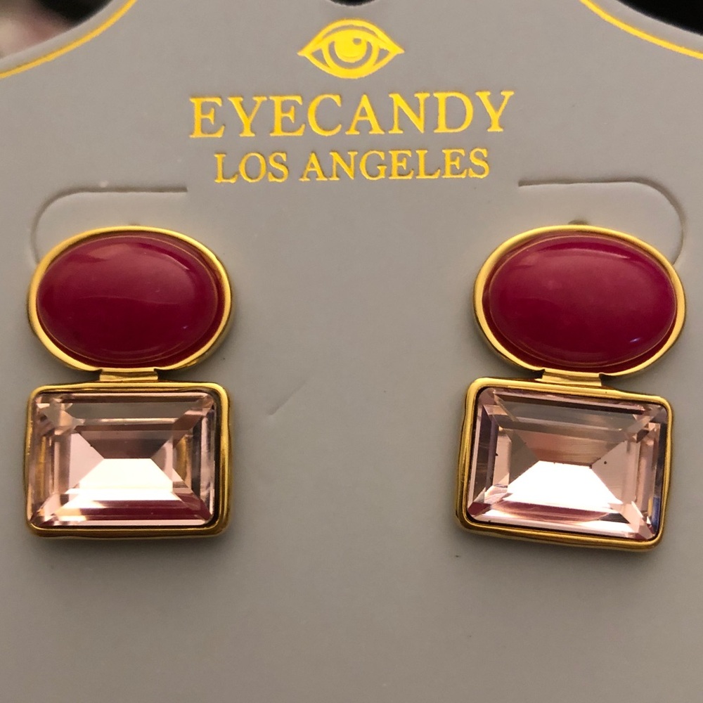 eye candy Fuchsia Stone Cabochon & Stacked Pink Cubic Zirconia Stud Earrings NWT